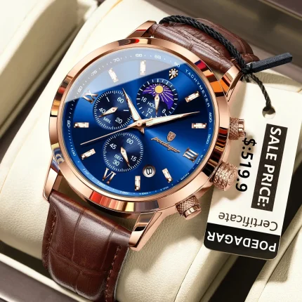 Poedagar 882 Chronograph Leather Belt Men’s Watch- Brown/Blue