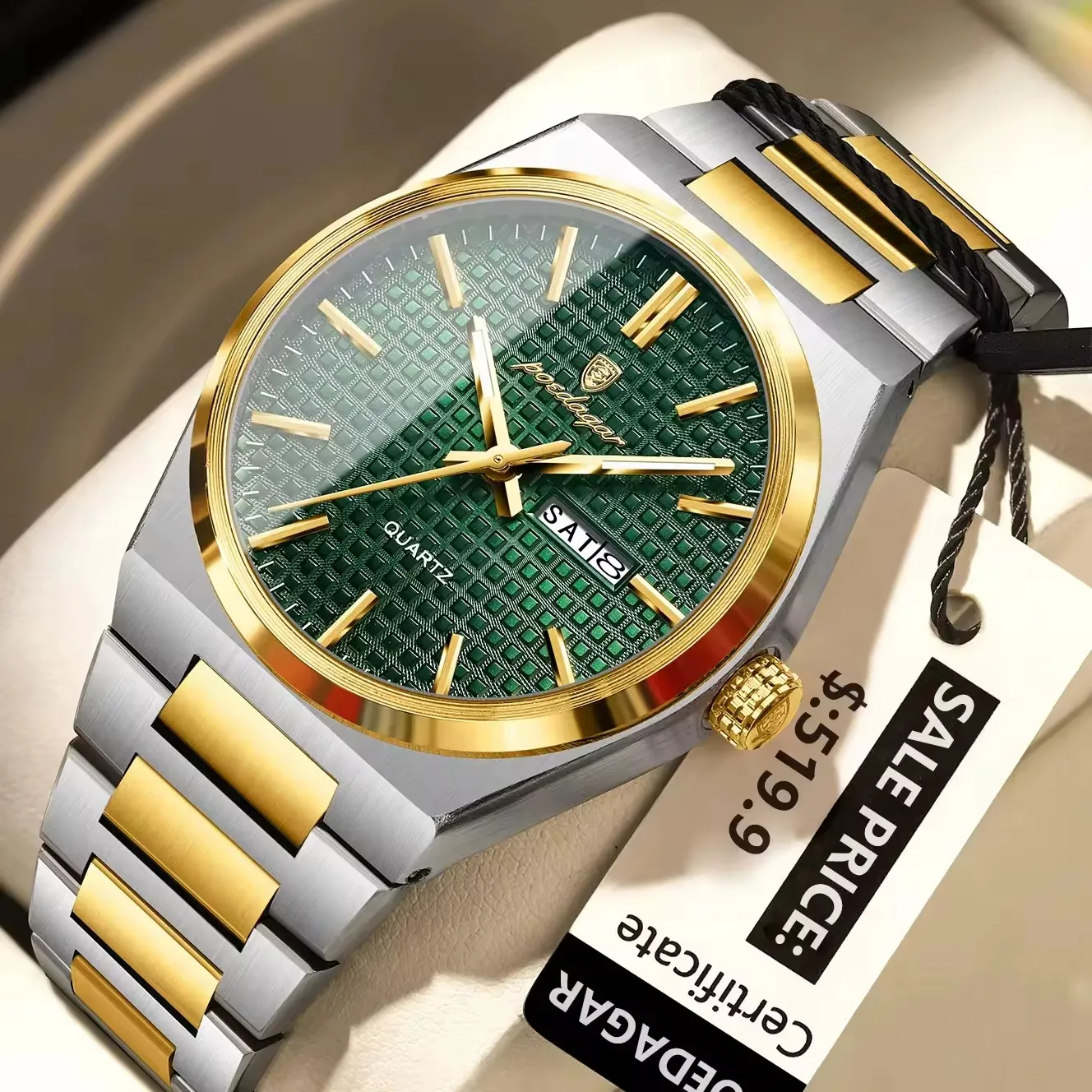 1765364667817_2025_08_12_175500162 Poedagar 874 Stainless Steel Men's Watch- Silver Golden/Green - Image 1