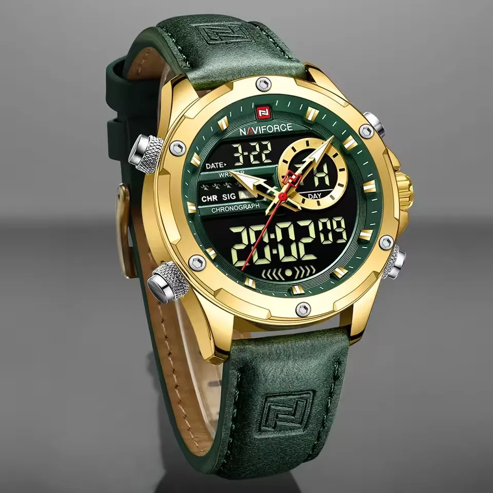 1765364833637_1758029356344_imgi_2 Naviforce 9208 Dual Time Leather Belt Men's Watch- Green/Golden - Image 1