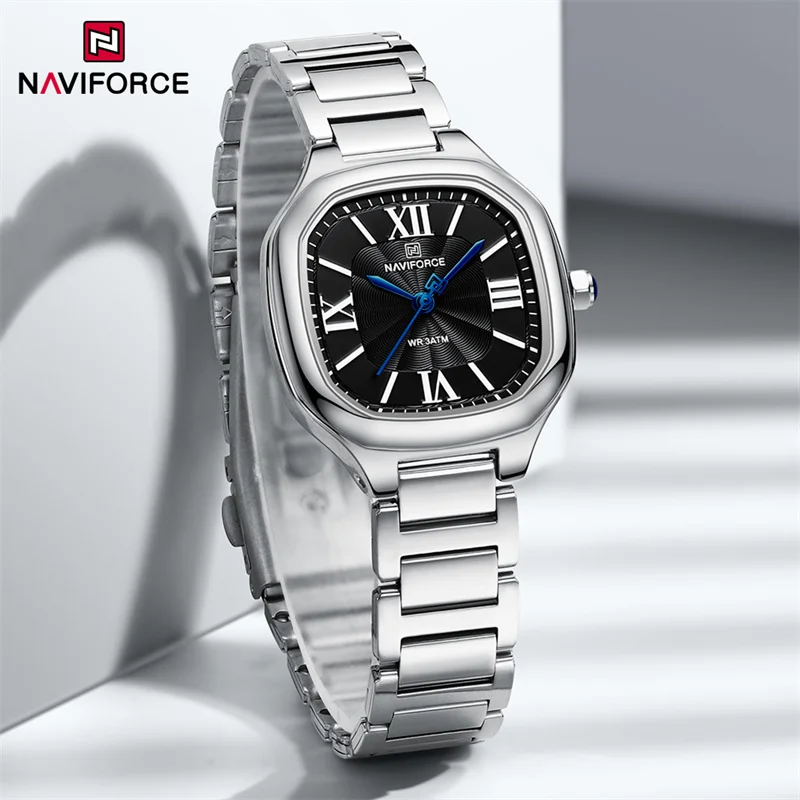 2025-08-12-1755003767833-NAVIFORCE-Original-New-Women-s-Fashion-Watch-Stainless-Steel-Wristwatch-Simple-Waterproof-Ladies-Qua Naviforce 5042 Stainless Steel Ladies Watch- Silver/Black - Image 1