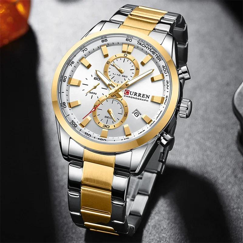 2025-08-12-1755003792750-CURREN-Man-WristWatch-Waterproof-Chronograph-Auto-Date-Men-Watch-Military-Top-Brand-Luxury-Stainless Curren 8445 Chronograph Men’s Watch- Silver Golden/White - Image 1