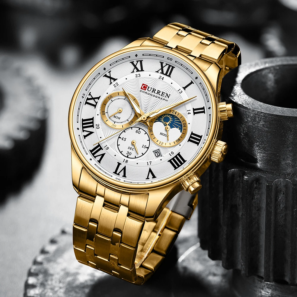2025-08-12-1755003801605-CURREN-NEW-Fashion-Casual-Quartz-Watches-for-Men-Sporty-Chronograph-Stainless-Steel-Band-Wristwatche Curren 8427 Chronograph Men’s Watch- Golden - Image 1