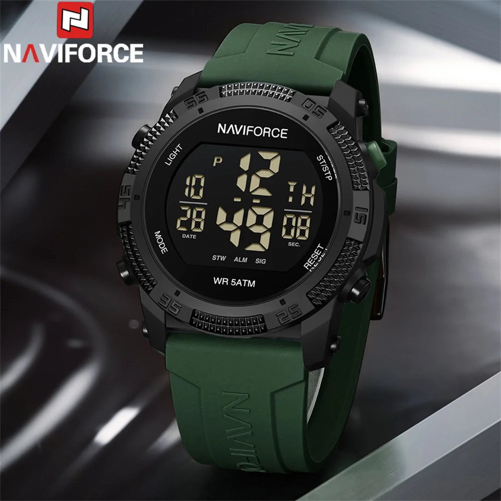 2025-08-12-1755005270899-NAVIFORCE-Digital-Watch-Men-Military-Sport-Chronograph-Wristwatch-Stopwatch-Waterproof-Original-Male Naviforce 7104 Rubber Belt Men’s Watch- Green - Image 1