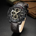 Naviforce 9197 Dual Time Leather Belt Men's Watch- Dark Brown