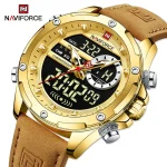 Naviforce 9208 Dual Time Leather Belt Men's Watch- Golden - Image 3