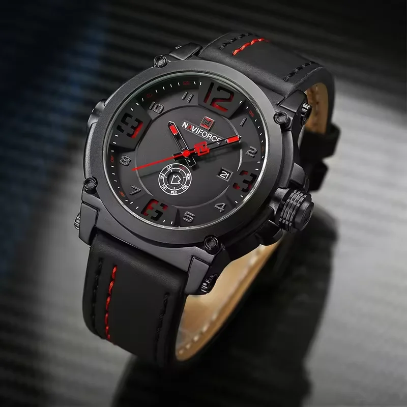 2025-08-12-1755006150037-NAVIFORCE-Mens-Watches-Top-Brand-Luxury-Sports-Quartz-Watch-Leather-Strap-Clock-Men-Waterproof-Wrist Naviforce 9099 Leather Belt Men's Watch- Black/Red - Image 1