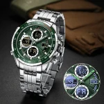 Naviforce 9197 Dual Time Stainless Steel Men's Watch- Silver/Green