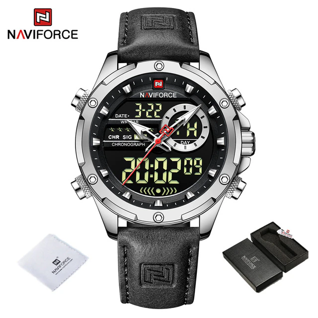 2025-08-12-1755006309255-Naviforce-9208-L-Silver-Black Naviforce 9208 Dual Time Leather Belt Men's Watch- Black/Silver - Image 1