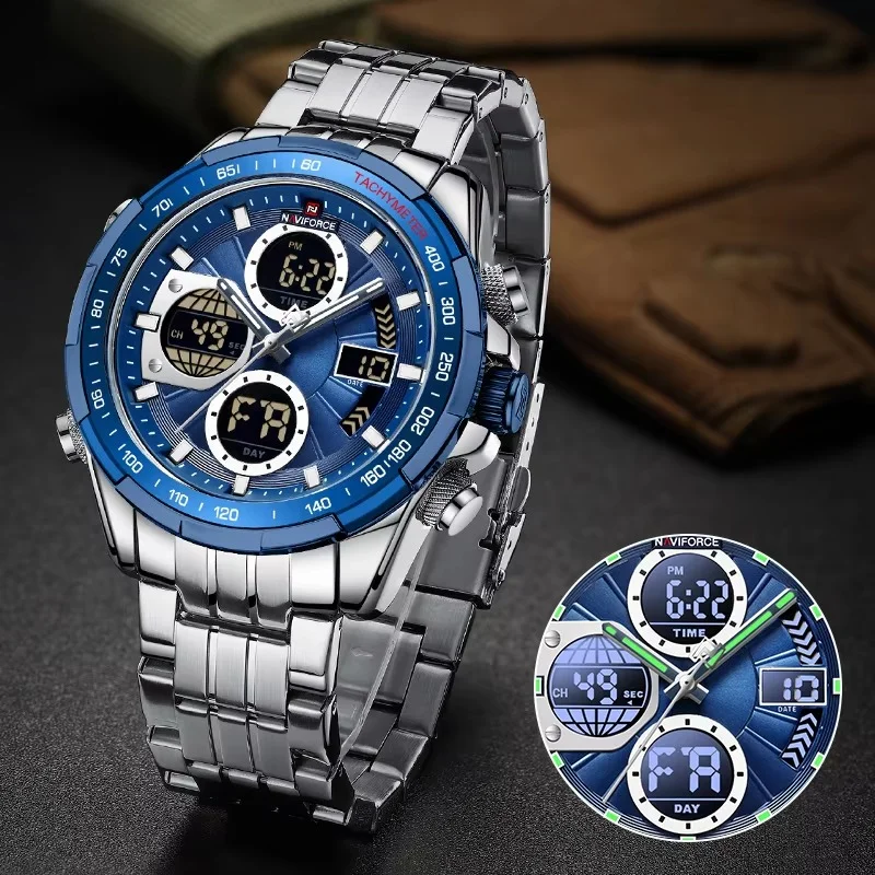 main_imageH1ac2013fe71e4c86b9b01cfff48ea186s Naviforce 9197 Dual Time Stainless Steel Men's Watch- Silver/Blue - Image 1
