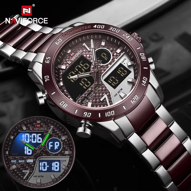 main_imageHd7f4bf7a58fe49c59ff4942584920f0cB Naviforce 9171 Dual Time Men's Watch- Silver/Coffee - Image 1