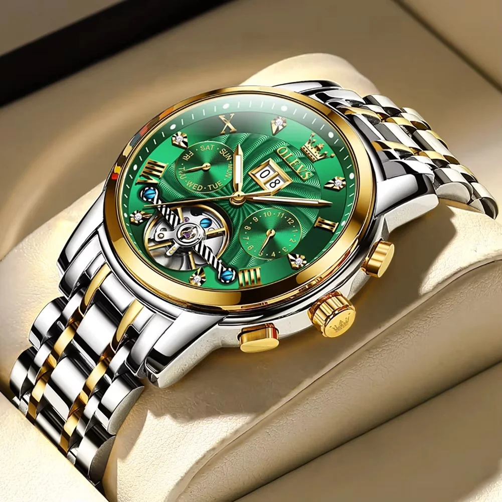 main_imageHebbb0cb702b641c1a00e147b5aa8b71c0 Olevs 9910 Automatic Mechanical Men’s Watch- Silver Golden/Green - Image 1