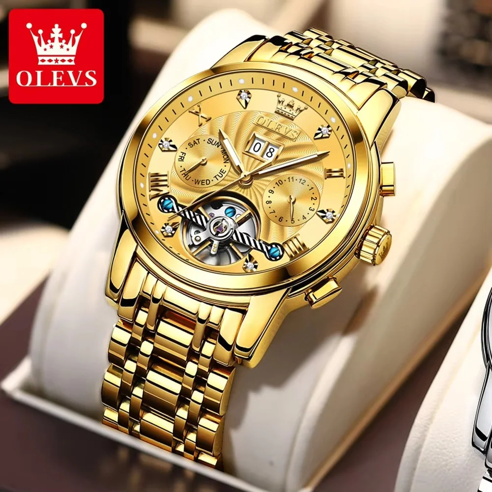 main_imageS0f370316122148a497ec2d0eae9e5f26W Olevs 9910 Automatic Mechanical Men’s Watch- Golden - Image 1