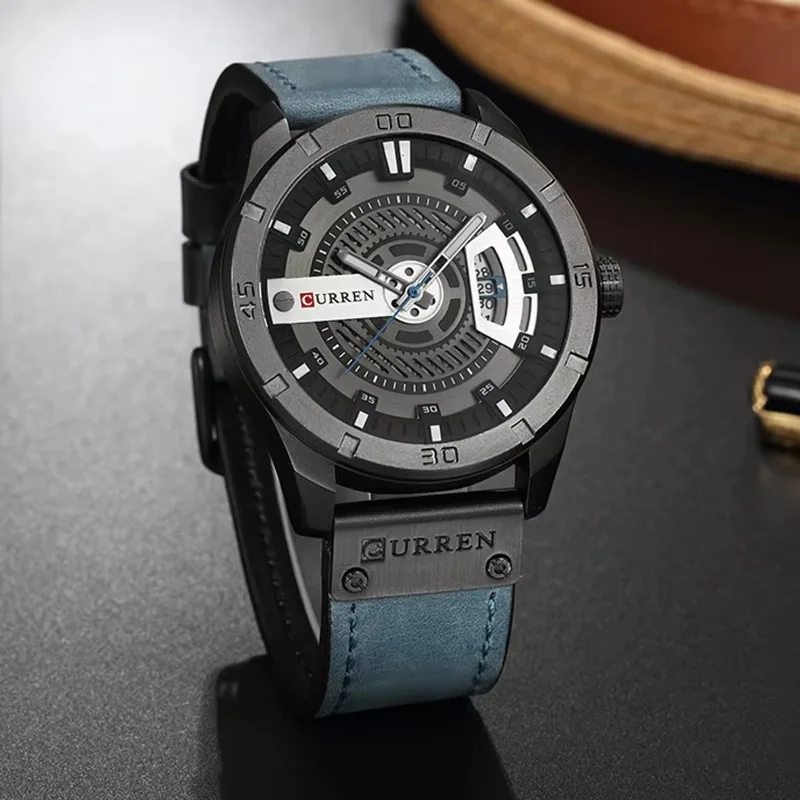 main_imageS1e1f7c9d8ef649209555e03eaac40d7bj Curren 8301 Leather Belt Men’s Watch- Blue - Image 1