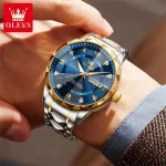 Olevs 5609 Diamond Cut Glass Men’s Watch- Silver Golden/Blue - Image 2