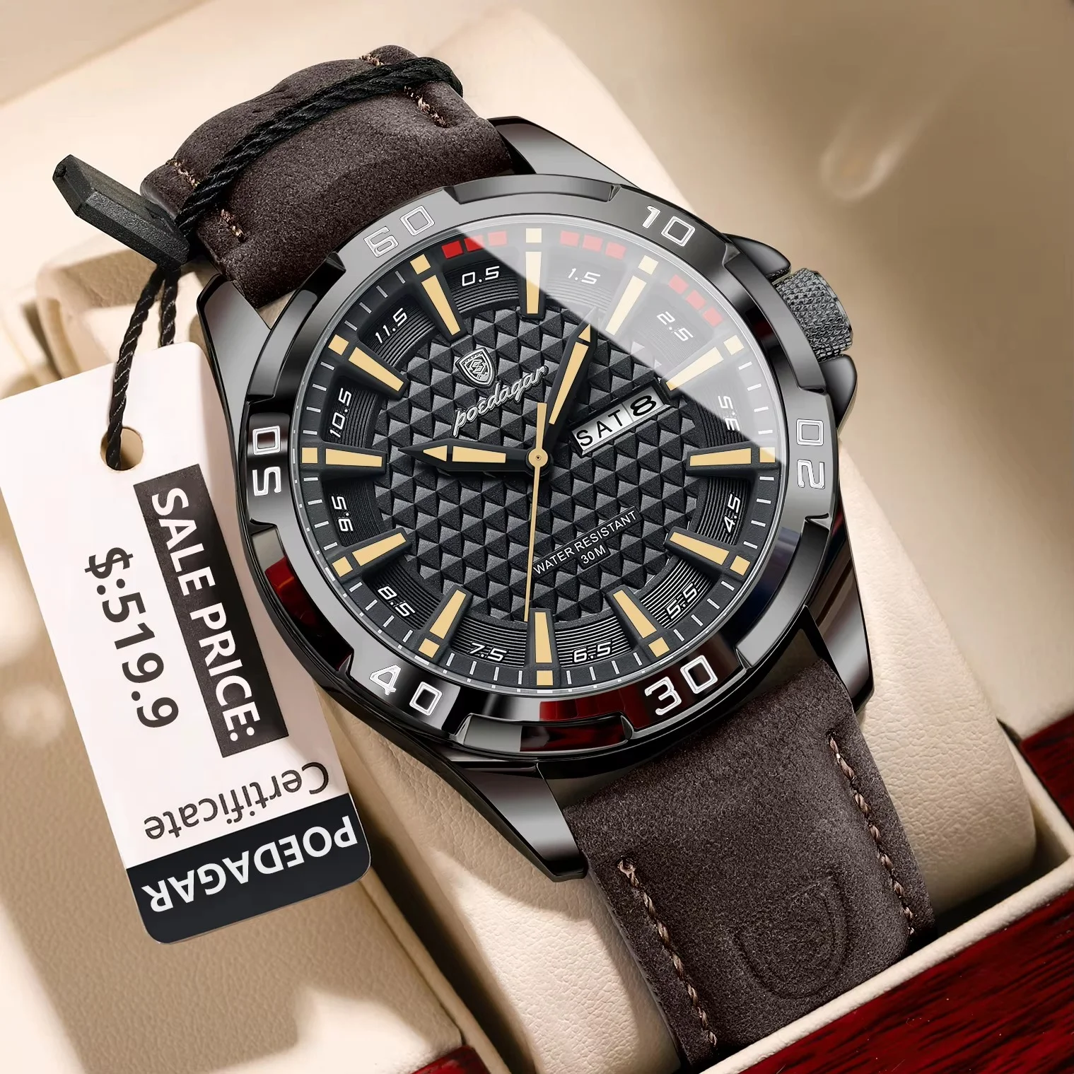 main_imageS41083e124ffe4716aa24cd43270917e6O Poedagar 895 Leather Belt Men’s Watch- Coffee - Image 1