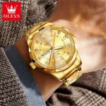 Olevs 5609 Diamond Cut Glass Men’s Watch- Golden - Image 5