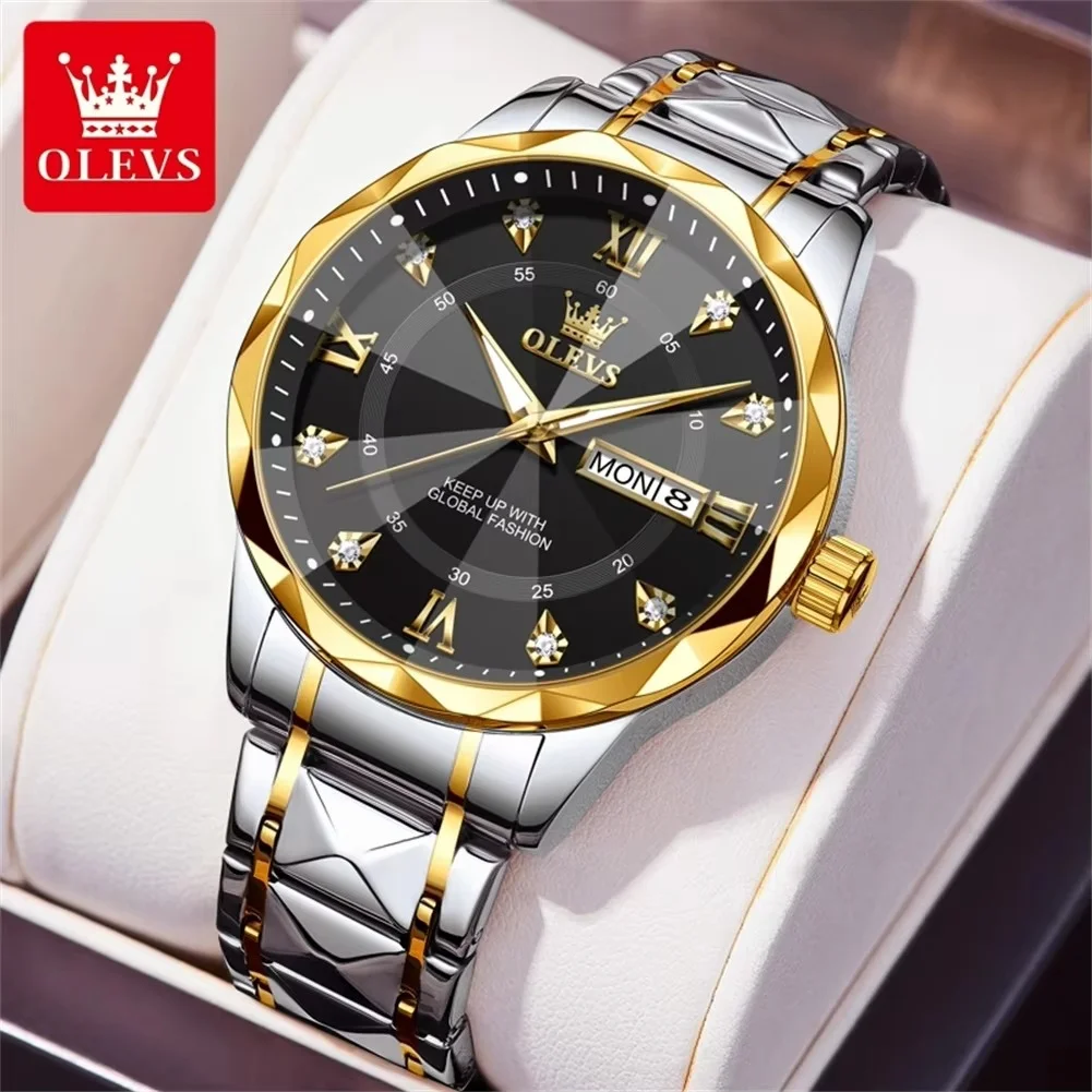 main_imageS5153a5de0e6d4369a4805721f0d388daN Olevs 5609 Diamond Cut Glass Men’s Watch- Silver Golden/Black - Image 1