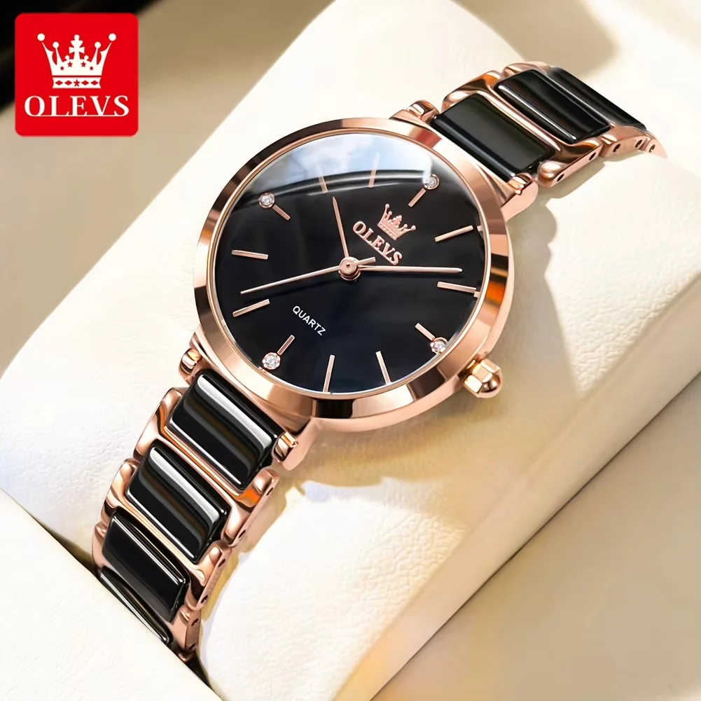 main_imageS6100443cbf1844bb827d9df457f2052eL Olevs 5877 Ceramics Chain Ladies Watch- Black - Image 1