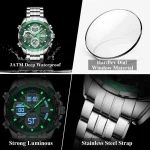 Poedagar E108 Dual Time Stainless Steel Men's Watch- Silver/Green - Image 3