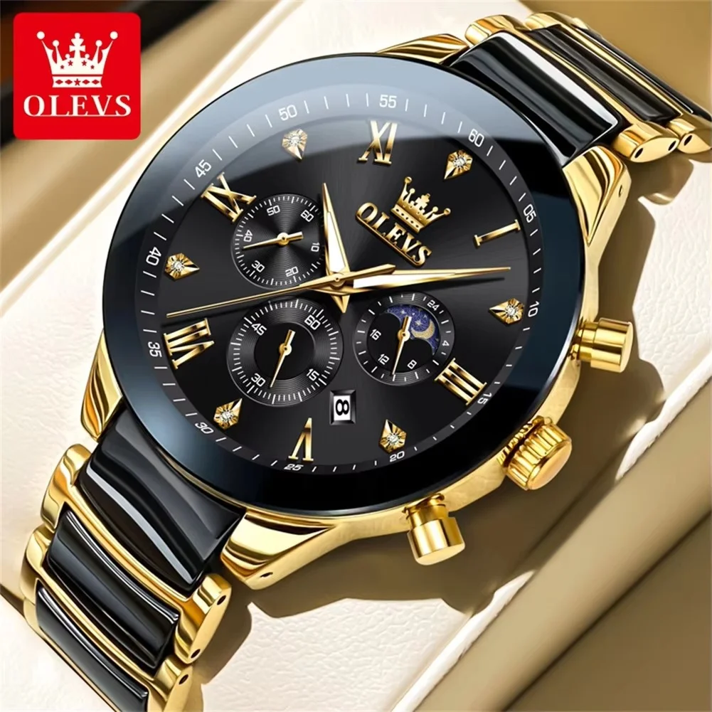 main_imageS8b8d08c59c5643619dcb729cd63cca36o Olevs 7004 Chronograph Ceramics Chain Men's Watch- Golden/Black - Image 1