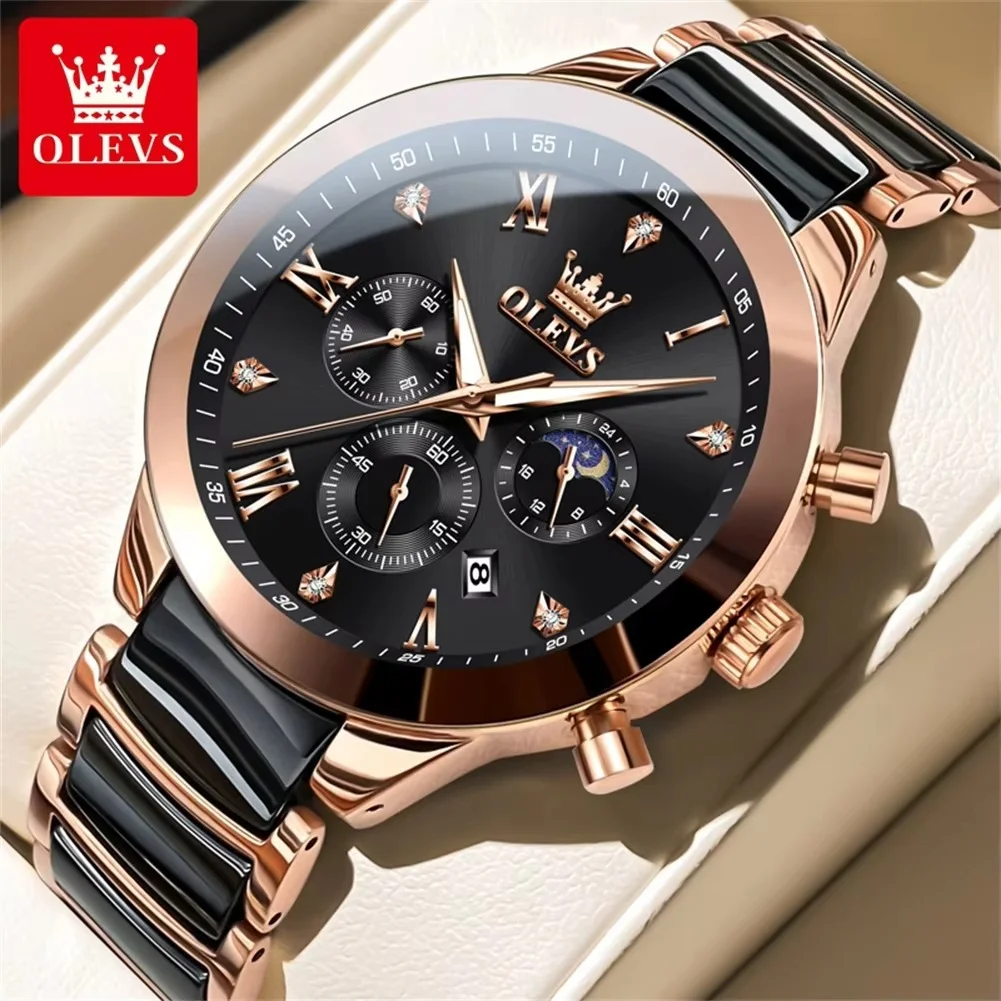 main_imageS93670cf687104a25b50fb27d194bbf917 Olevs 7004 Chronograph Ceramics Chain Men's Watch- Rose Gold/Black - Image 1