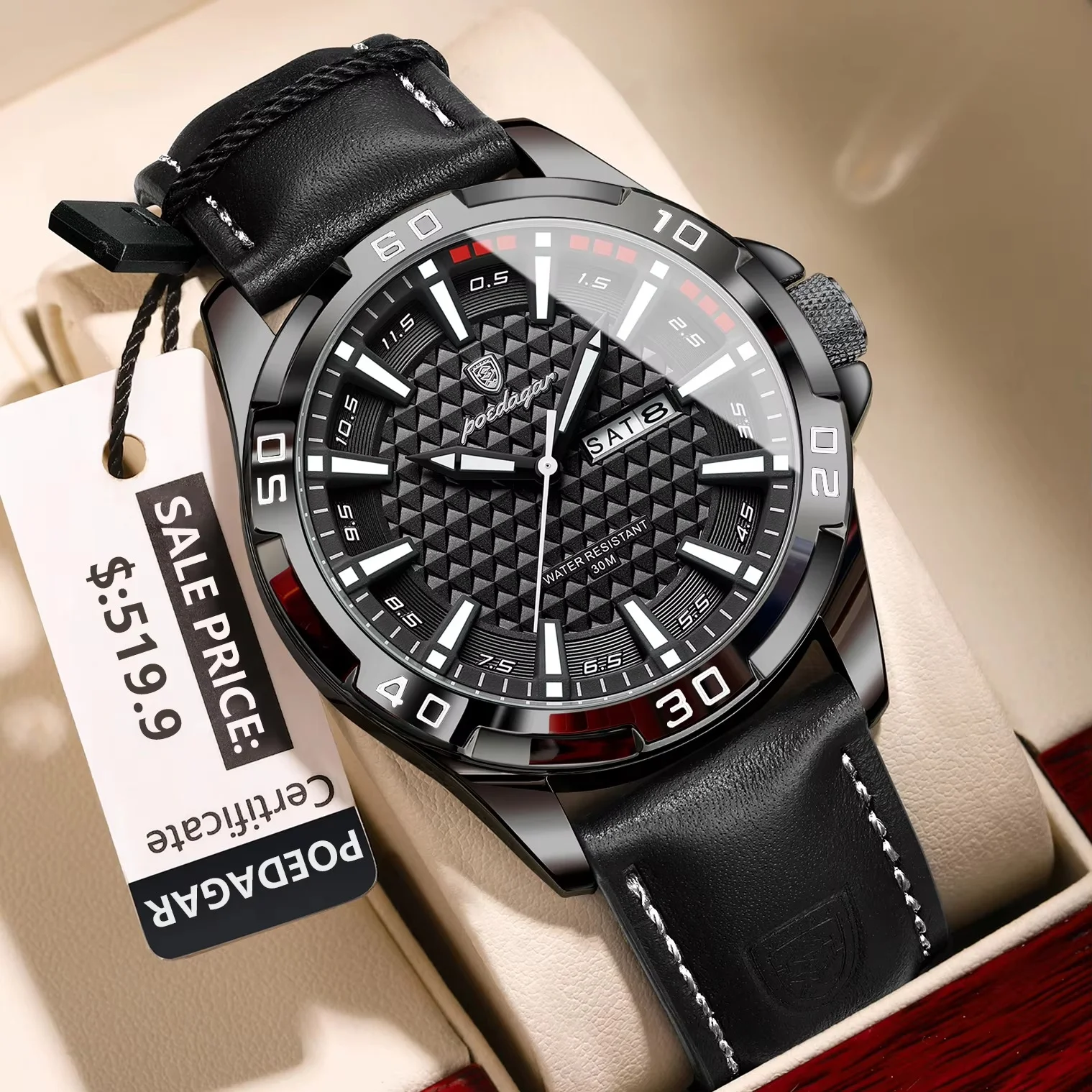 main_imageSa527a5d2e8f94560bb89afa99fc4f614u Poedagar 895 Leather Belt Men’s Watch- Black - Image 1