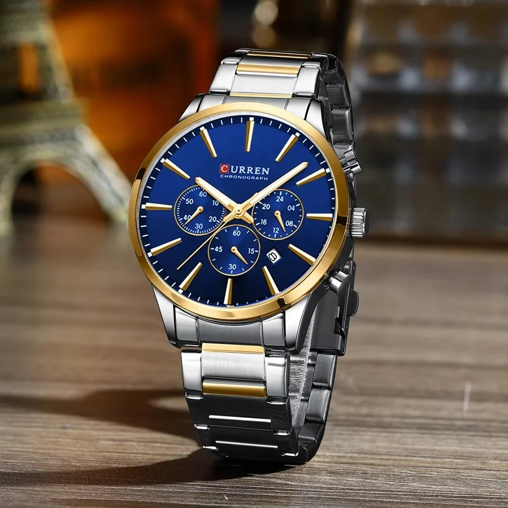 main_imageSb0afc324e9284586bdef5eebdd29e4256 Curren 8435 Chronograph Men’s Watch- Silver Golden/Blue - Image 1