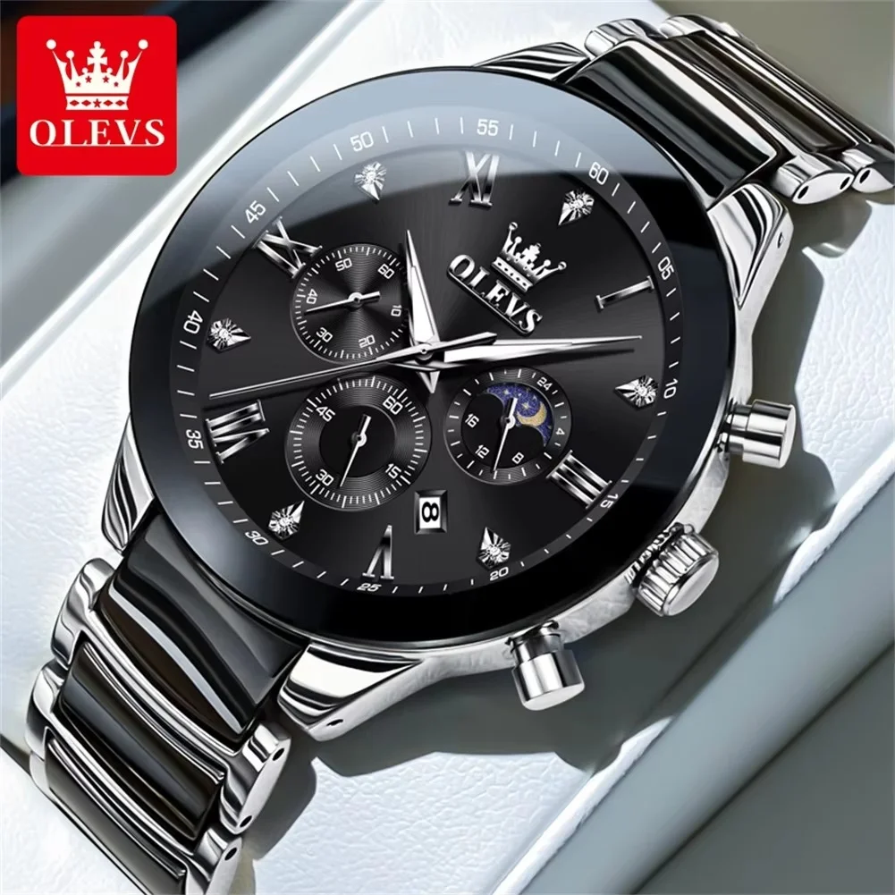main_imageSb2a9886cc1d74fc7b8c6fa8271e6df42f Olevs 7004 Chronograph Ceramics Chain Men's Watch- Silver/Black - Image 1