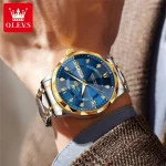 Olevs 5609 Diamond Cut Glass Men’s Watch- Silver Golden/Blue - Image 6