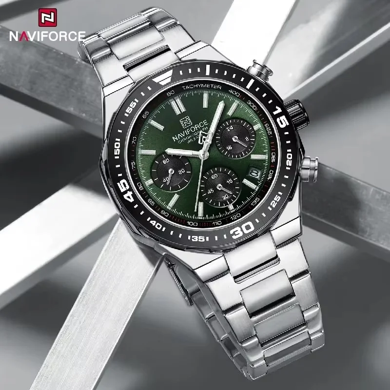 main_imageSd893eab383b7494cab6af0b4a4913b98i Naviforce 8049 Chronograph Men's Watch- Silver/Green - Image 1