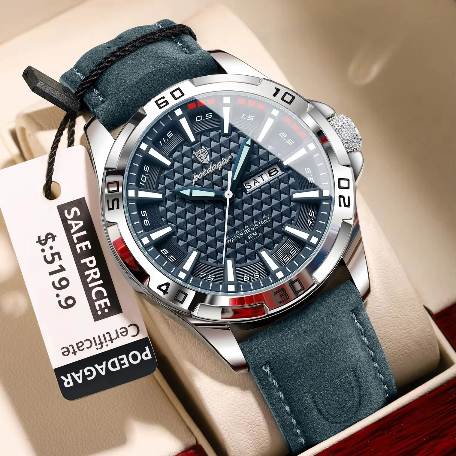 main_imageSeda876381de242629867bcb8f223140d2 Poedagar 895 Leather Belt Men’s Watch- Blue - Image 1