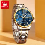 Olevs 5609 Diamond Cut Glass Men’s Watch- Silver Golden/Blue