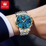 Olevs 3653 Chronograph Men's Watch- Silver Golden/Blue - Image 2