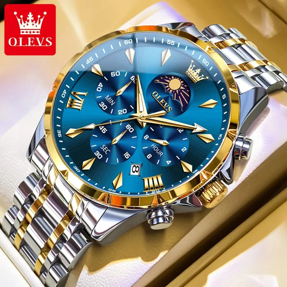 main_imageSfe43a64bfcbc4662a3a08b16b05f8aabe Olevs 3653 Chronograph Men's Watch- Silver Golden/Blue - Image 1