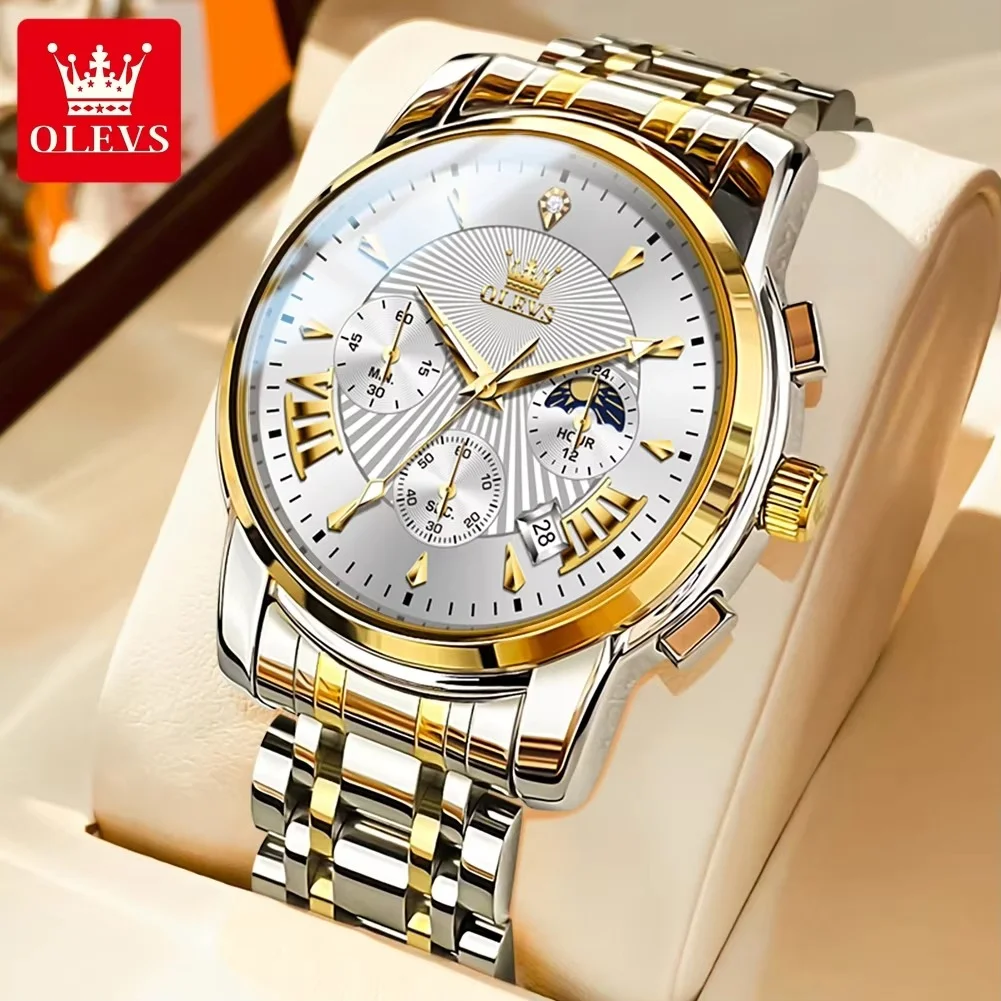 variant_imageS425a52e05560457d852fc18388a93024K Olevs 2892 Chronograph Men’s Watch- Silver Golden/White - Image 1