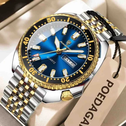Poedagar 682 Stainless Steel Men's Watch- Silver Golden/Blue