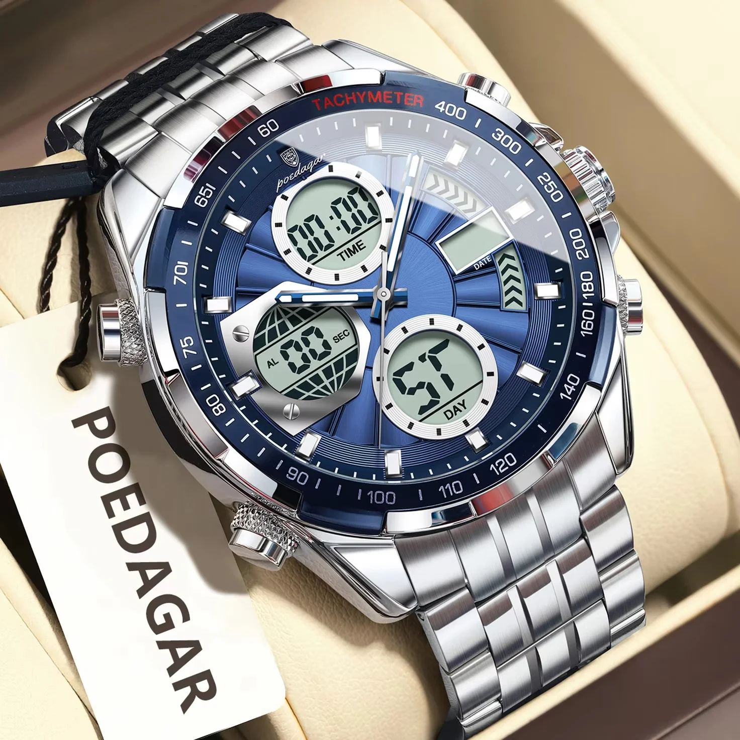 variant_imageS960bdec9c8fc4c05ba1226574b3986ebj Poedagar E108 Dual Time Stainless Steel Men's Watch- Silver/Blue - Image 1