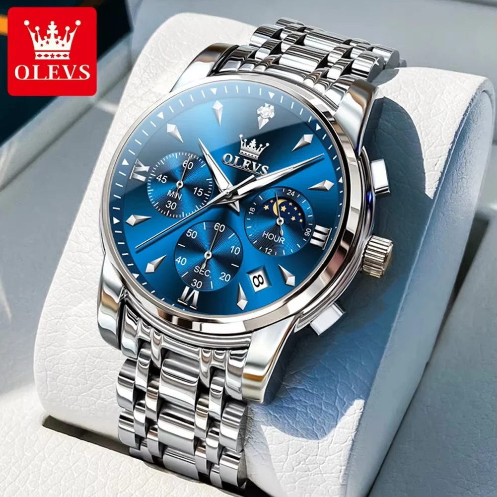 variant_imageSd0591645b6c6467fb451455f7750d5cci Olevs 3639 Chronograph Men’s Watch- Silver/Blue - Image 1