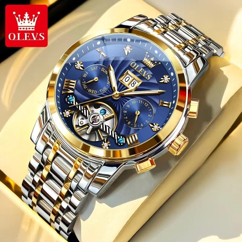 variant_imageSd8e487146a4d46c485904410cbf0c1e7Y Olevs 9910 Automatic Mechanical Men’s Watch- Silver Golden/Blue - Image 1