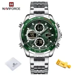 Naviforce 9197 Dual Time Stainless Steel Men's Watch- Silver/Green - Image 5