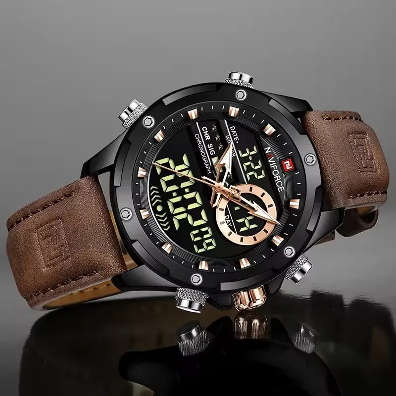 1765364816175_1758027486235_imgi_2 Naviforce 9208 Dual Time Leather Belt Men's Watch- Brown - Image 1