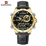 Naviforce 9208 Dual Time Leather Belt Men's Watch- Black/Golden