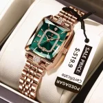 Poedagar 785 Diamond Cut Glass Stainless Steel Ladies Watch- Rose Gold/Green