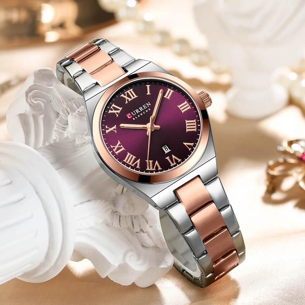 2025-08-12-1755003060514-CURREN-Fashionable-Quartz-Watches-for-Women-Roman-Numerals-Simple-Elegant-Stainless-Steel-Braclete-L Curren 9095 Stainless Steel Ladies Watch- Silver Rose Gold/Purple - Image 1