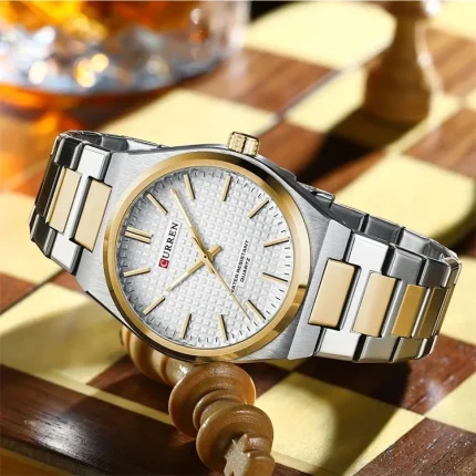 Curren 8439 Stainless Steel Men’s Watch- Silver Golden/White