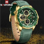 Naviforce 9197 Dual Time Leather Belt Men's Watch- Green/Golden - Image 3