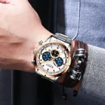 Curren 8355 Chronograph Stainless Steel Men's Watch- Silver/Golden - Image 2