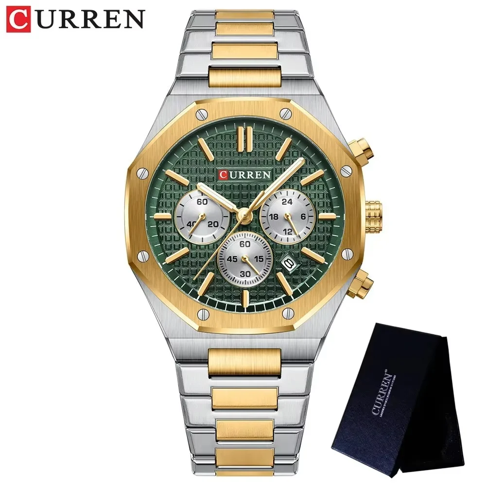 main_imageS953b05185a054d46a23432427dddd9cas Curren 8440 Chronograph Men’s Watch- Silver Golden/Green - Image 1
