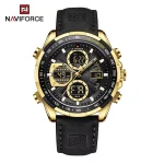 Naviforce 9197 Dual Time Leather Belt Men's Watch- Black/Golden