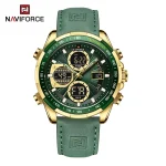 Naviforce 9197 Dual Time Leather Belt Men's Watch- Green/Golden